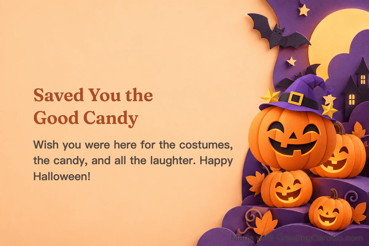 Actual free Halloween greeting-card PNG with a pumpkin, a personal message and the GreetingCardGo watermark