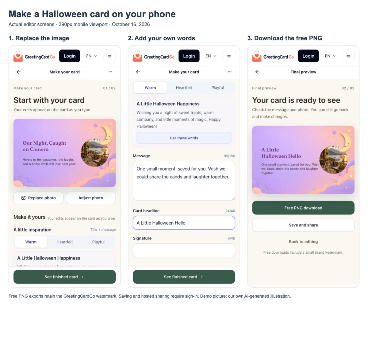 Three actual mobile editor screenshots showing photo replacement, headline and message editing, and the free PNG download action