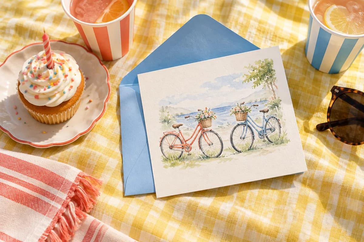 AI-generated illustration: Friendship birthday inspiration with a cupcake, picnic cups and a bicycle card