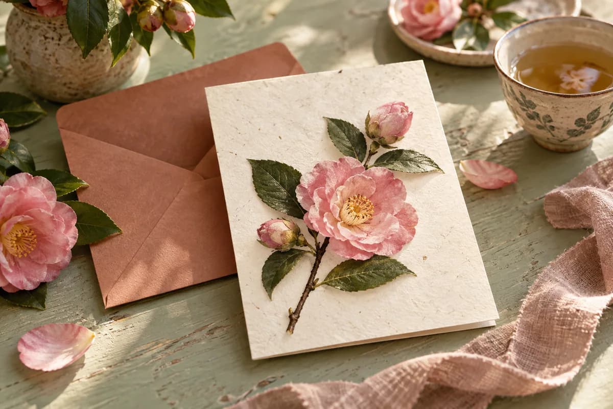 AI-generated illustration: A pressed-flower birthday card, tea and a terracotta envelope