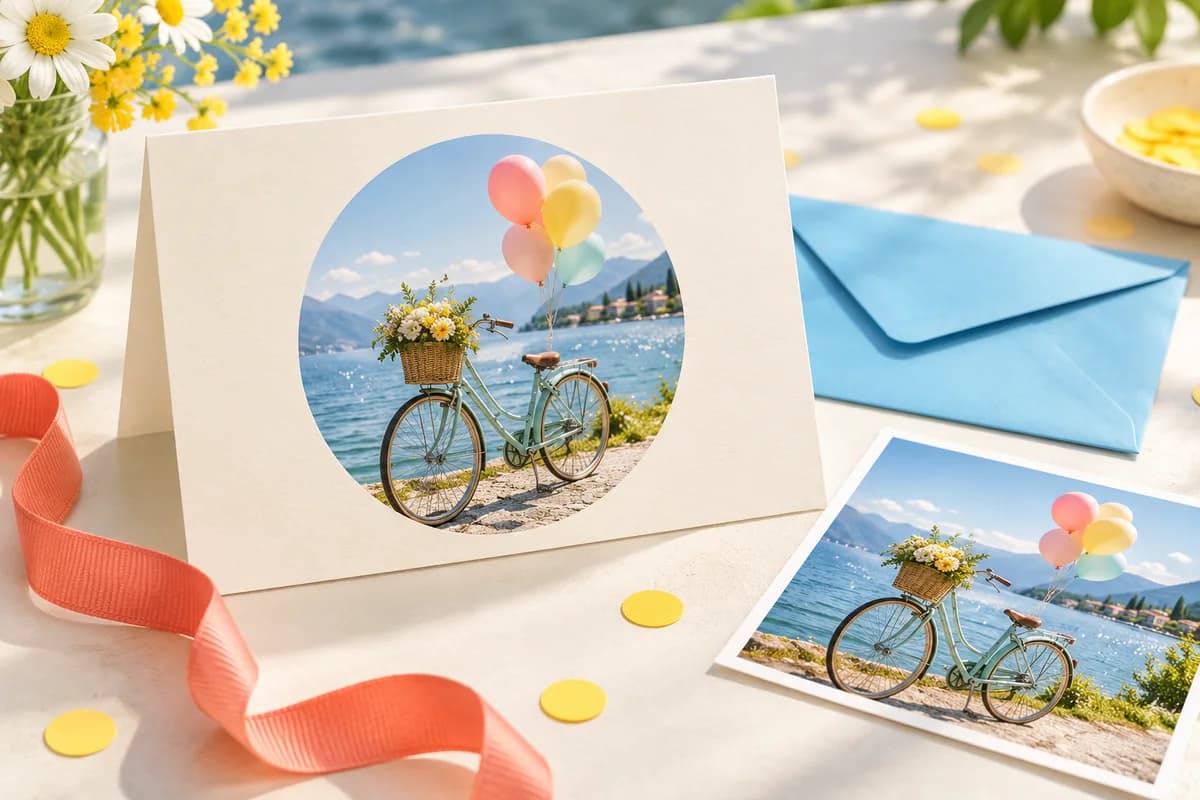 AI-generated birthday photo-card concept with a lakeside bicycle, balloons and a blue envelope