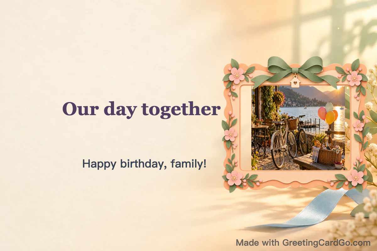 Actual mobile family-card PNG export with an AI-generated demonstration photo and free watermark