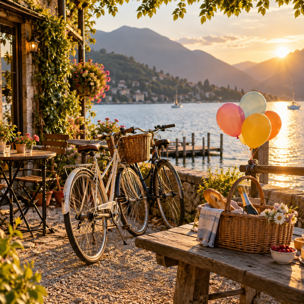 AI-generated demonstration source image: a lakeside bicycle and birthday balloons
